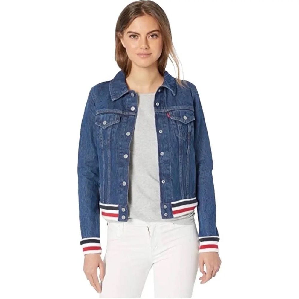 Levi's Denim Trucker Jacket Women Size M Red White & Blue Striped Ribbed Varsity